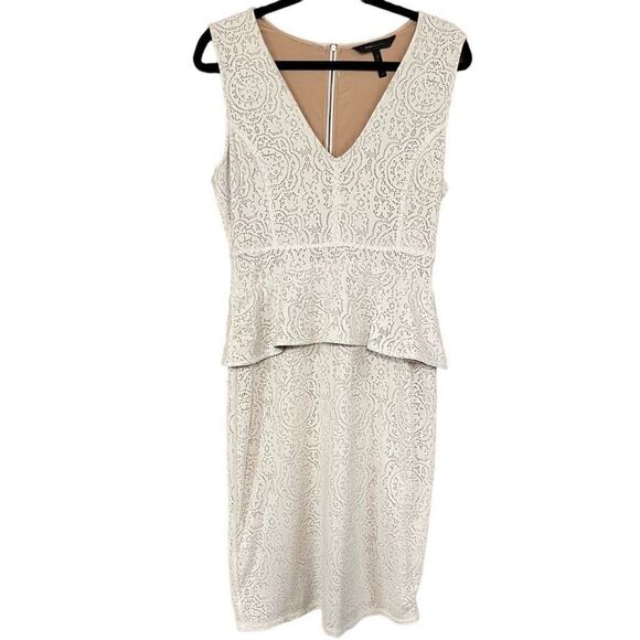 BCBGMAXAZRIA White Lace Dress W/ Tan Underlay Size Medium - Picture 1 of 3